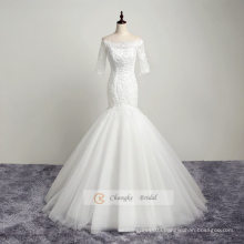 Lace Appliqued Half Sleeve Wedding Dress Backless Mermaid Sexy Wedding Dress